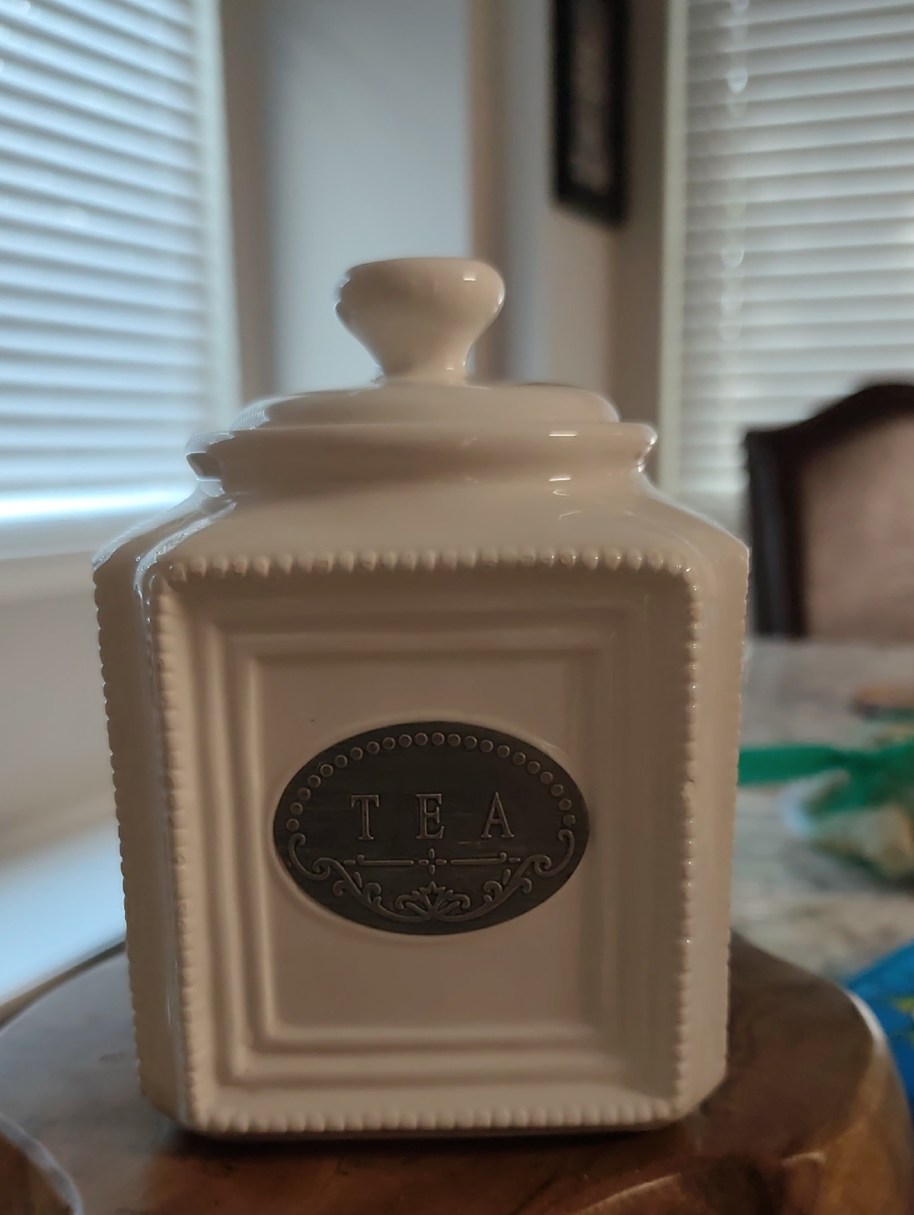 THL Tea Canister with lid, White Beaded Ceramic Tea Storage Silver Label, Kitche